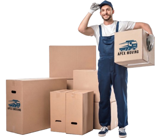 Removalist in uniform standing beside stacked moving boxes