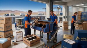 Apex Moving premium services logistical hub, featuring staff in blue and orange uniforms managing a specialist baby grand piano move with custom padded coverings. The modern facility overlooks an interstate convoy in a vast arid landscape under a clear sky. A diverse team is seen using digital inventory tools, packing fragile crystal, and managing premium storage units. Labeled boxes including 'PREMIUM SERVICE', 'FRAGILE/CRYSTAL', and 'PREMIUM STORAGE' are clearly visible.