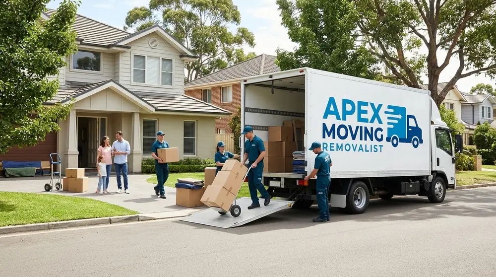 Apex Moving removalists loading a truck outside a Melbourne family home
