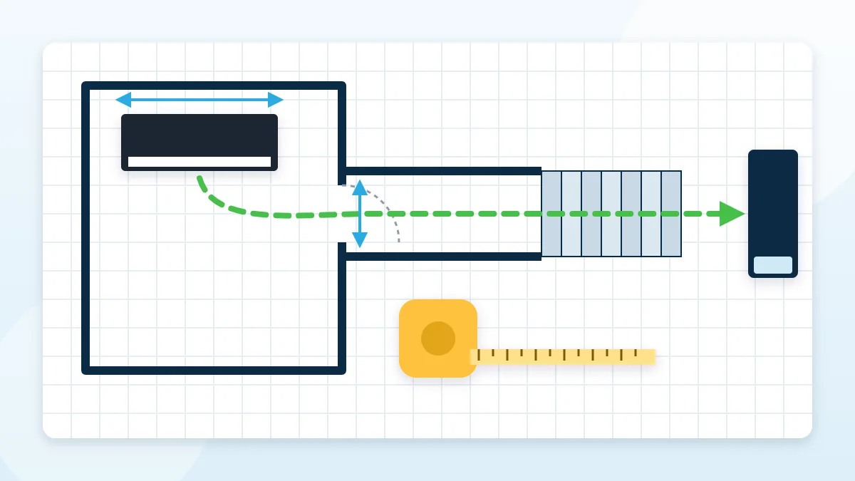 Illustrated floor plan showing a measured route for moving a piano through a doorway, hallway and stairs to the truck