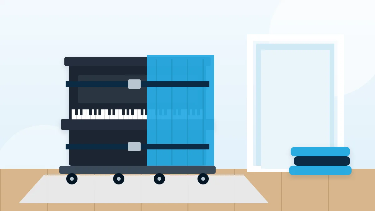 Illustration of an upright piano wrapped in a moving blanket and strapped to a piano dolly on floor protection