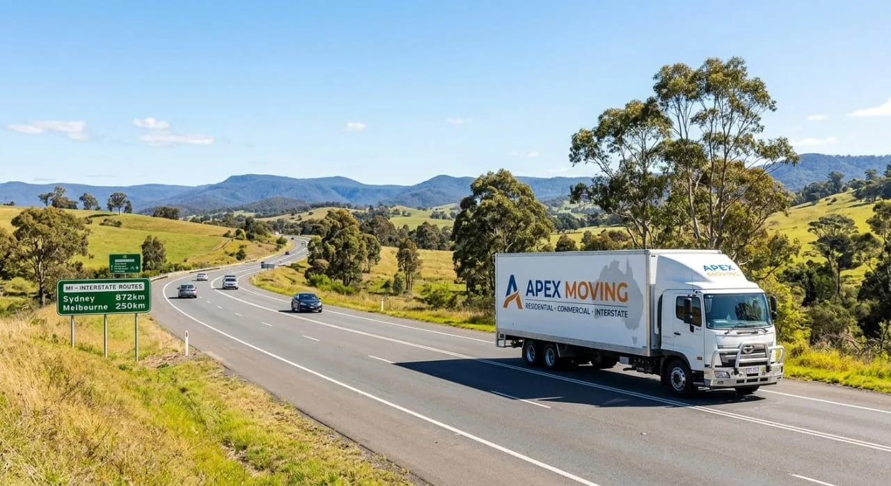 Apex Moving interstate removal truck travelling on a country highway between Melbourne and Sydney