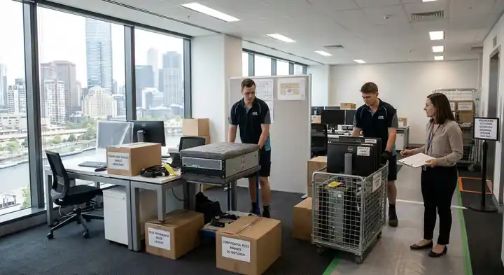 Removalists moving a server and computer equipment past a relocation coordinator in a Melbourne office