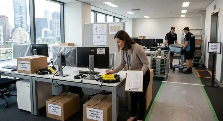 Office manager labelling equipment and boxes during a Melbourne office relocation